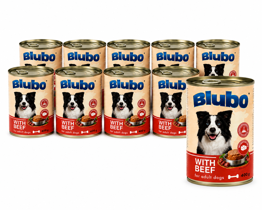 Blubo Wet Dog Food with Beef, Adult Dogs, Pâté Style, Complete & Balanced Nutrition, 400 g Can (Pack of 10)