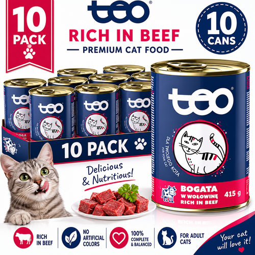 TEO Cat Food Rich in Beef 415g (Pack of 10) Complete & Balanced Adult Cat Food- High meat content