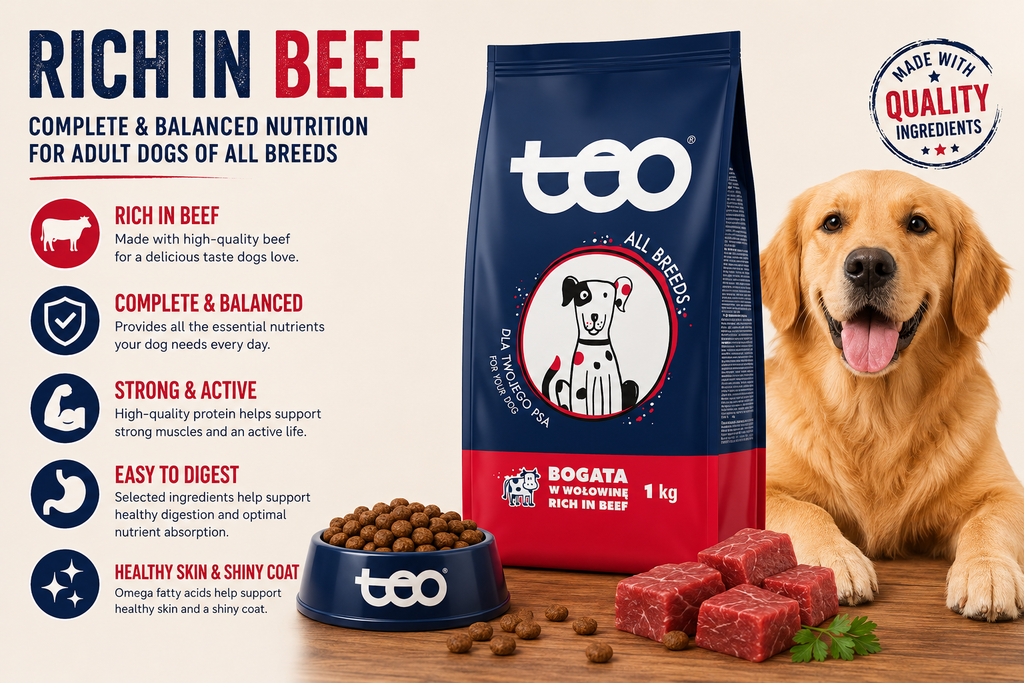 TEO Rich in Beef Dry Dog Food for Adult Dogs, Complete & Balanced Nutrition, High Protein Kibble, All Breeds, 1 kg