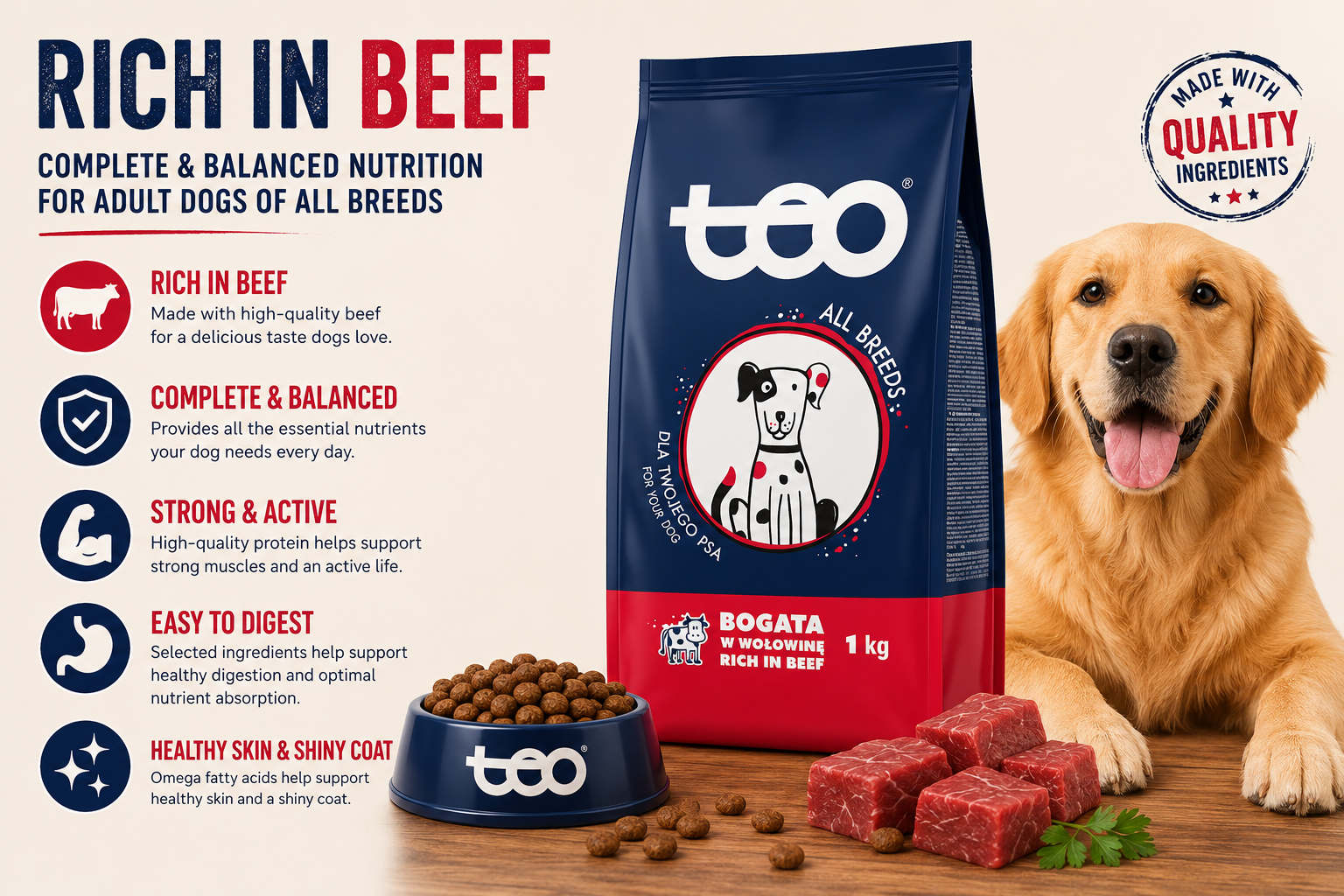TEO Rich in Beef Dry Dog Food for Adult Dogs, Complete & Balanced Nutrition, High Protein Kibble, All Breeds, 1 kg