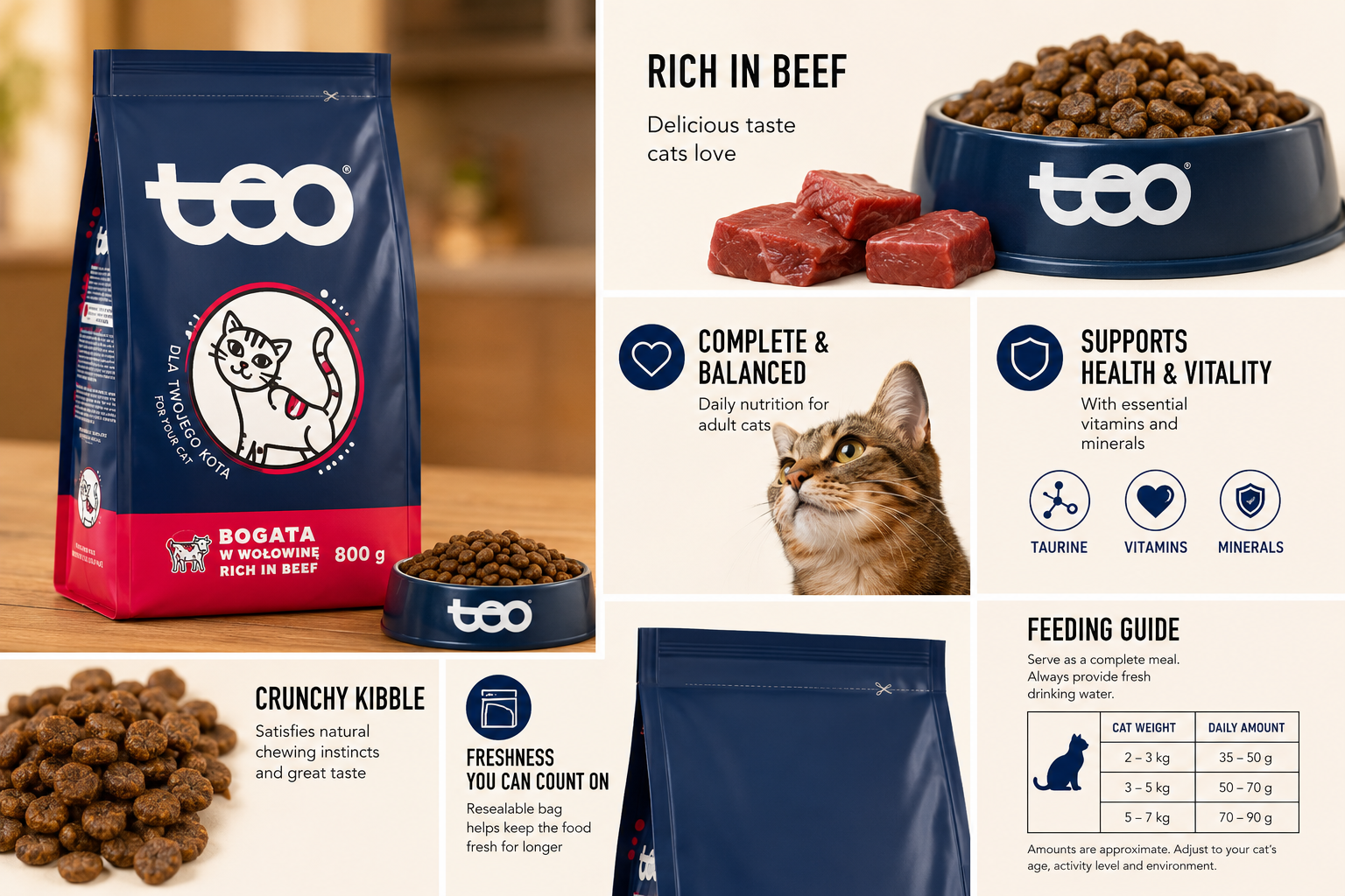 TEO Rich in Beef Dry Cat Food | Complete & Balanced Nutrition for Adult Cats | 800 g