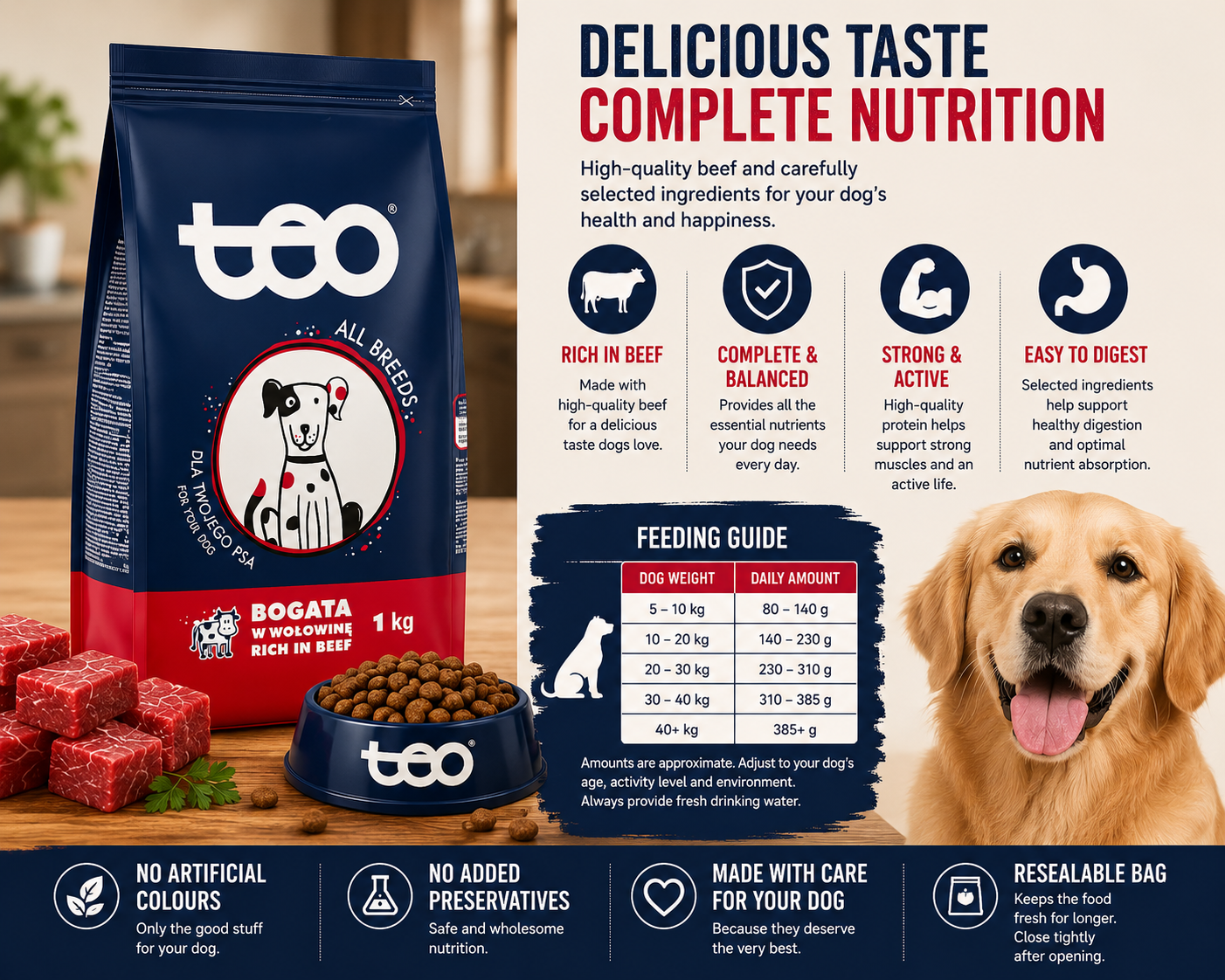 TEO Rich in Beef Dry Dog Food for Adult Dogs, Complete & Balanced Nutrition, High Protein Kibble, All Breeds, 1 kg