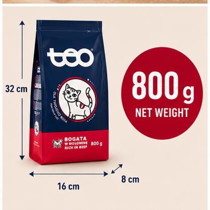 TEO Rich in Beef Dry Cat Food | Complete & Balanced Nutrition for Adult Cats | 800 g